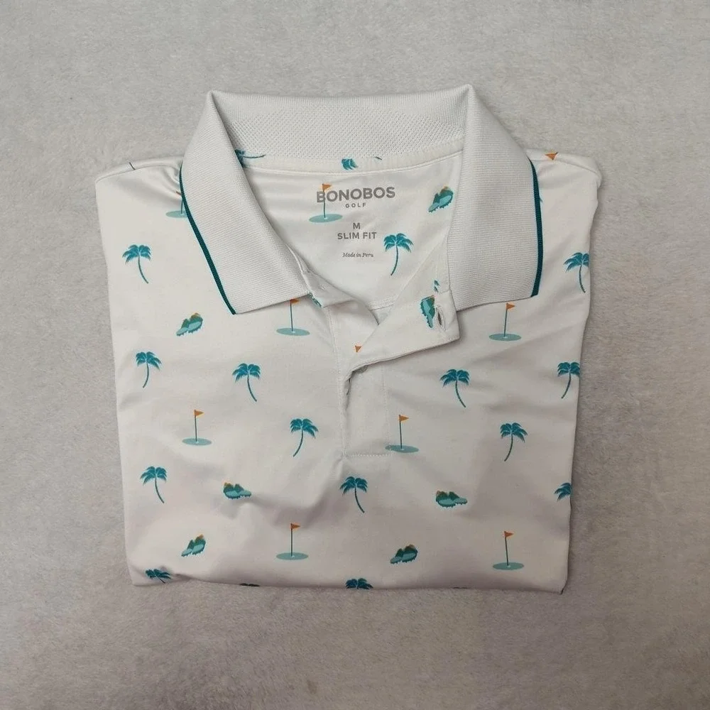 Bonobos‎ Polo Shirt Mens M White Palm Tree Golf Slim Fit Performance Collared